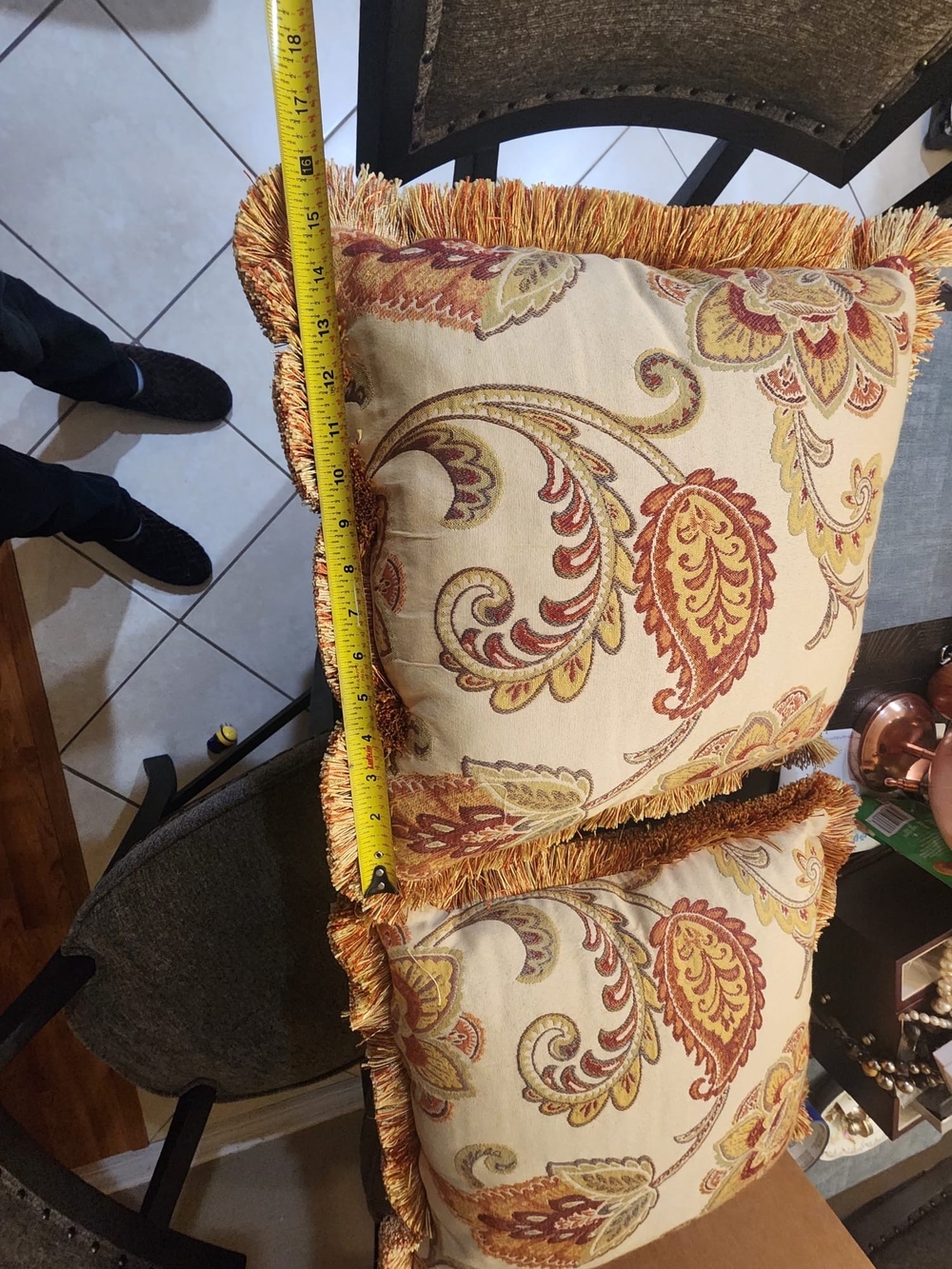 VINTAGE Decorative Fringe Toss Pillow Pair in Cream with Gold and Rust Paisley